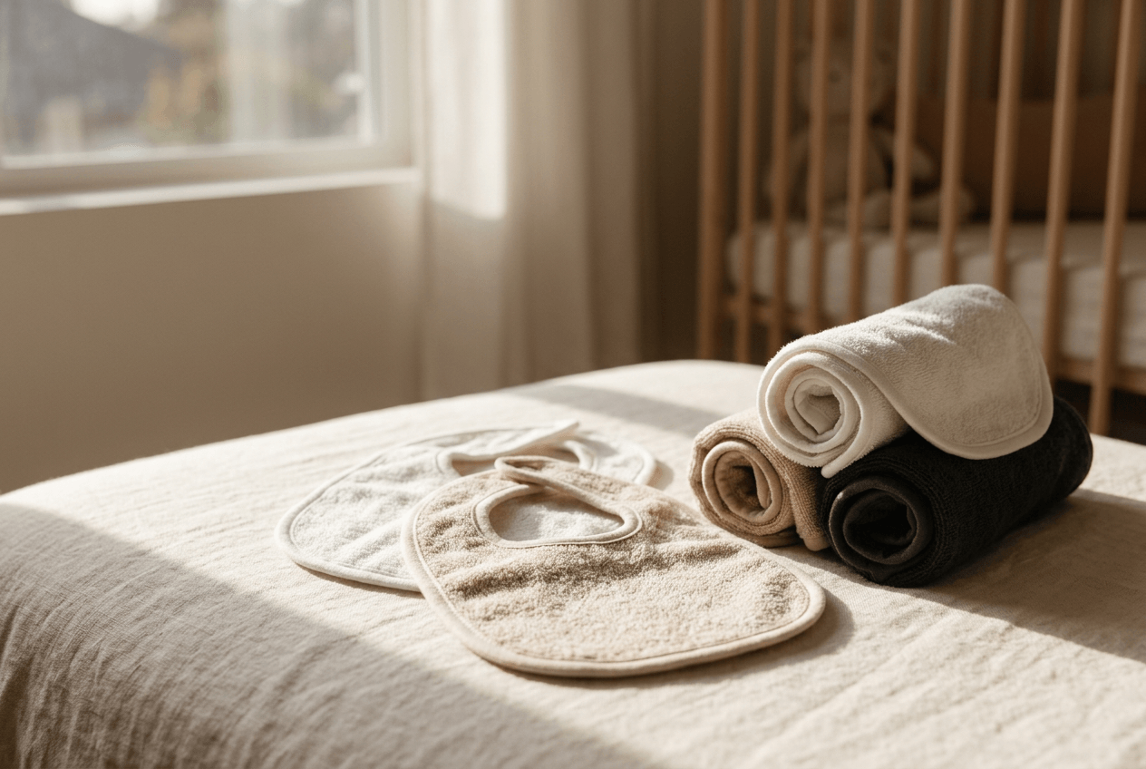 Soft baby textiles laid out in calm, warm light.